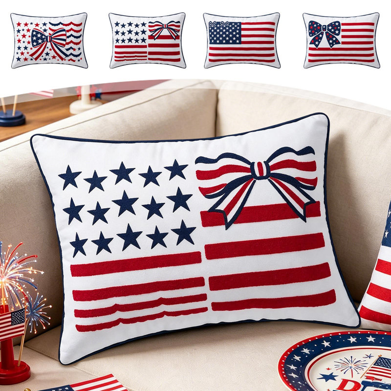 Rouge, bleu, bleu, patriotique, coussin décoratif, drapeau, arc, lombaire, pour la décoration intérieure du 4 juillet