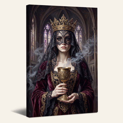 Médaille de la reine médiévale en velours rouge tenant une toile d'Halloween dorée