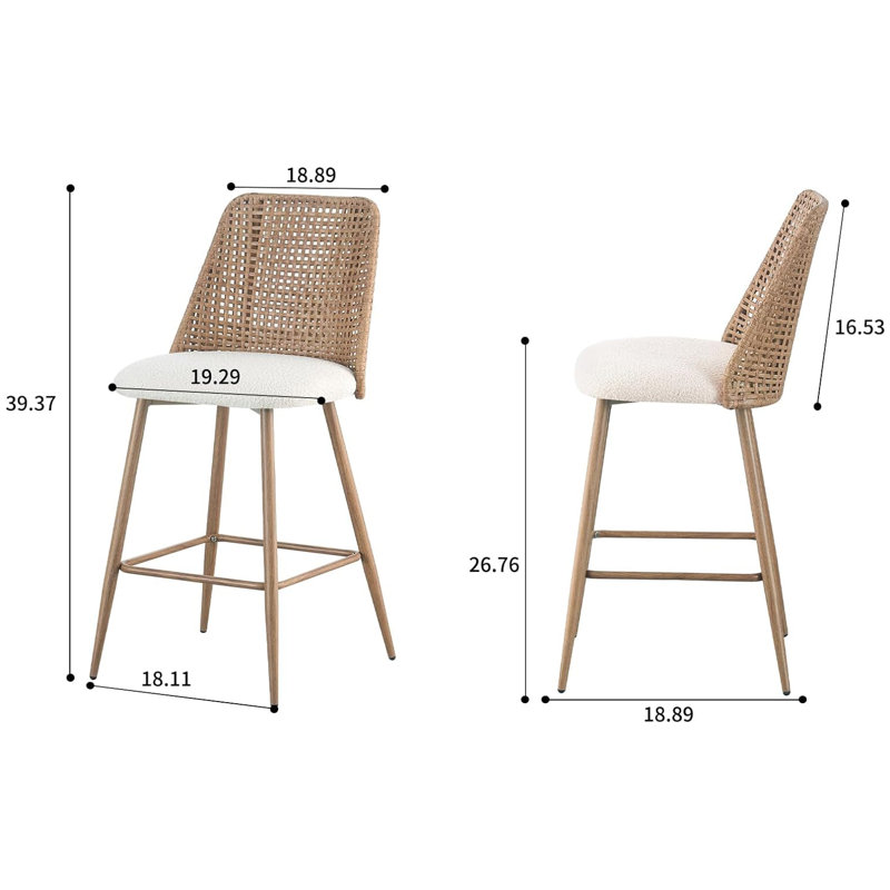 White Upholstered Rattan and Metal Counter Stools, Set of 2