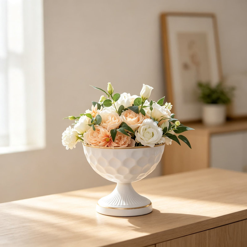 Vases compotiers blancs pour centres de table de mariage, ensemble de deux jardinières sur piédestal en métal martelé, vase à fleurs rustique et moderne pour la décoration de table, accessoires de foyer de style campagnard