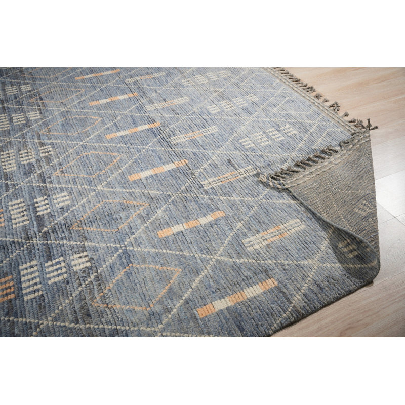 8x10 Blue Hand-Knotted Wool Diamond Lattice Tribal Modern Contemporary Carpet Rug