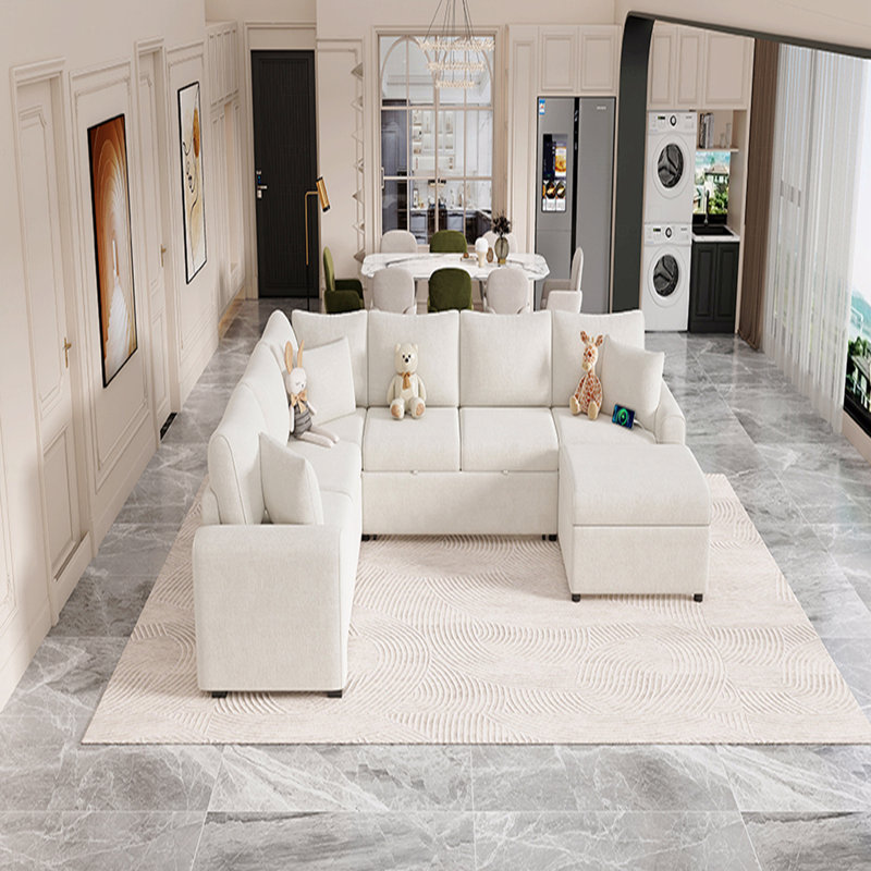 Divan-lit, canapé-lit modulaire de base de 112,2 po avec repose-pieds avec rangement, trois coussins décoratifs et dispositifs de chargement