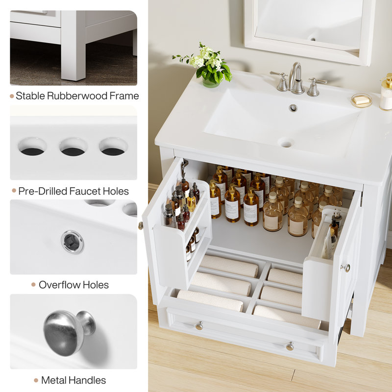 30" Solid Wood Frame Freestanding Bathroom Vanity with Sink, Door Organizer, 30", White