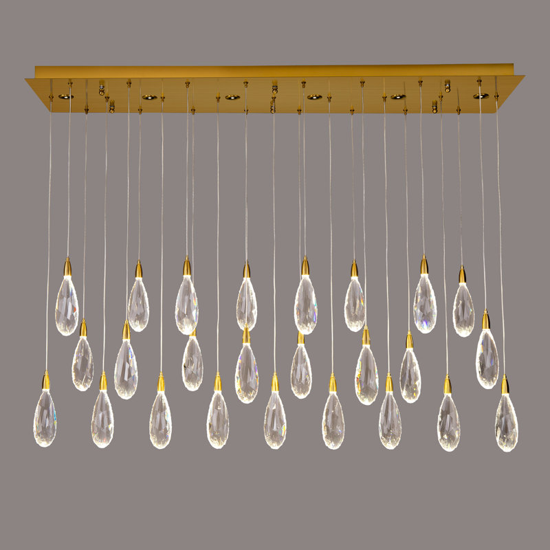 Naleya 31-Lights Dimmable Rectangle Ranidrop LED Crystal Chandelier, Brushed Gold