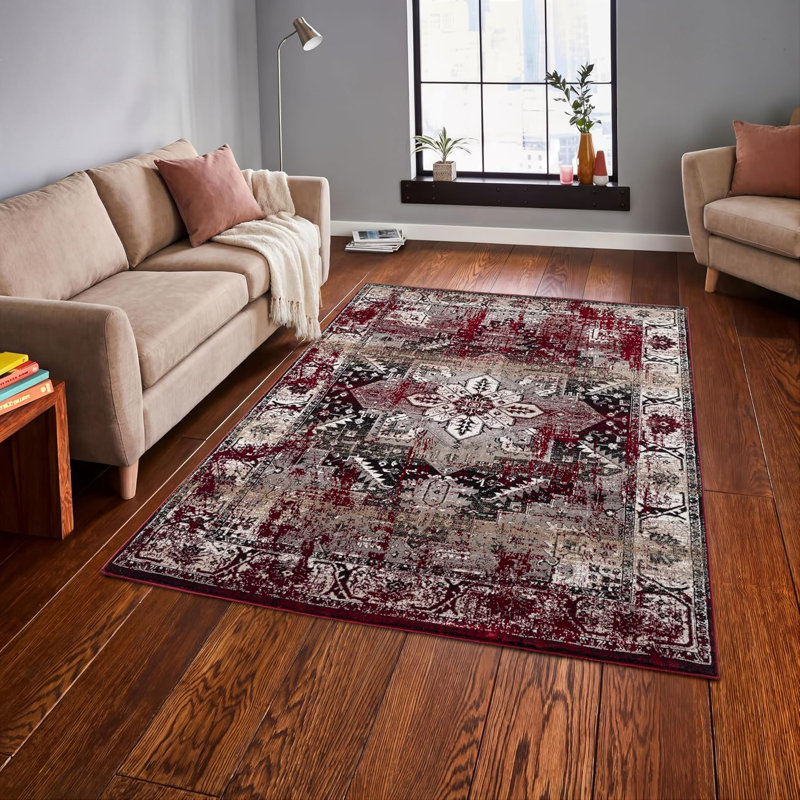Floral Flatweave Area Rug, Rectangle 60 x 110 cm, Red