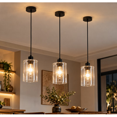 Luminaire suspendu moderne à 3 lumières avec abat-jour en verre transparent et cordons réglables - parfait pour un îlot de cuisine ou une salle à manger