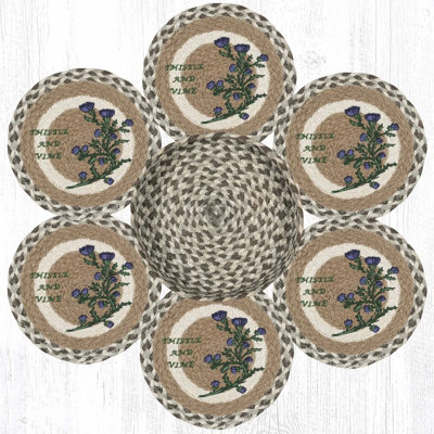  Hand-Stenciled Thistle & Vine Jute Trivets Set with Basket
