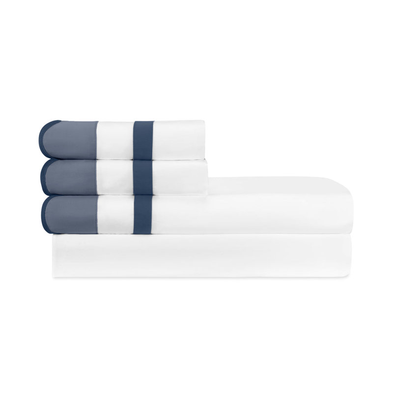 Portofino Sateen Sheet Set, Cal.King Sheet Set + 2 Pillowcases, White/Stone Blue/Navy Blue