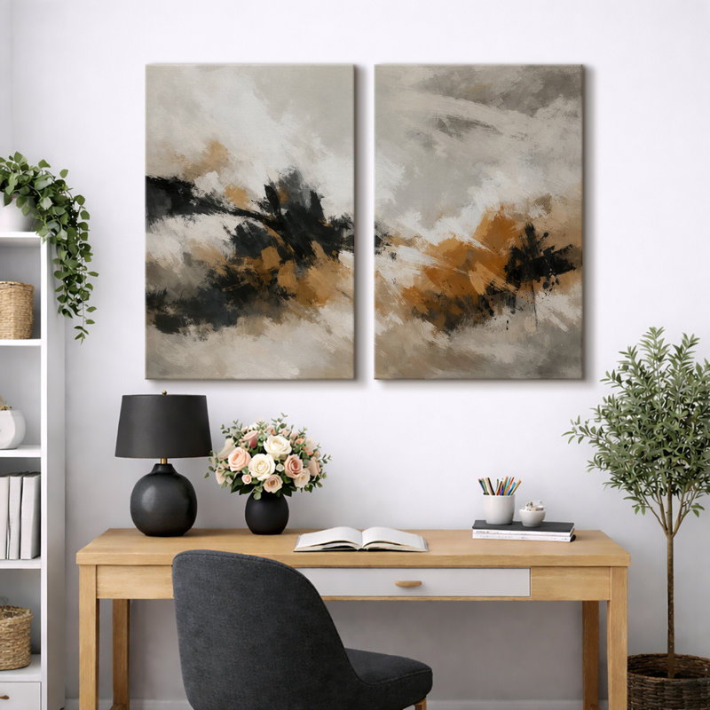 Bold Neutral Abstract Artwork with Black and Ochre Forms, Living Room Pictures, Framed Canvas Giclee Print Wall Art