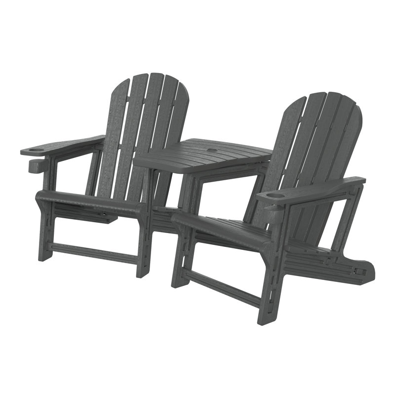 Ensemble de chaises d'extérieur en poly Adirondack avec plateau de connexion et porte-gobelet, Gris
