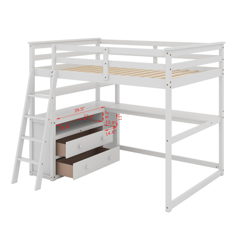 Lit mezzanine double avec bureau et tablettes, Blanc, Lit double