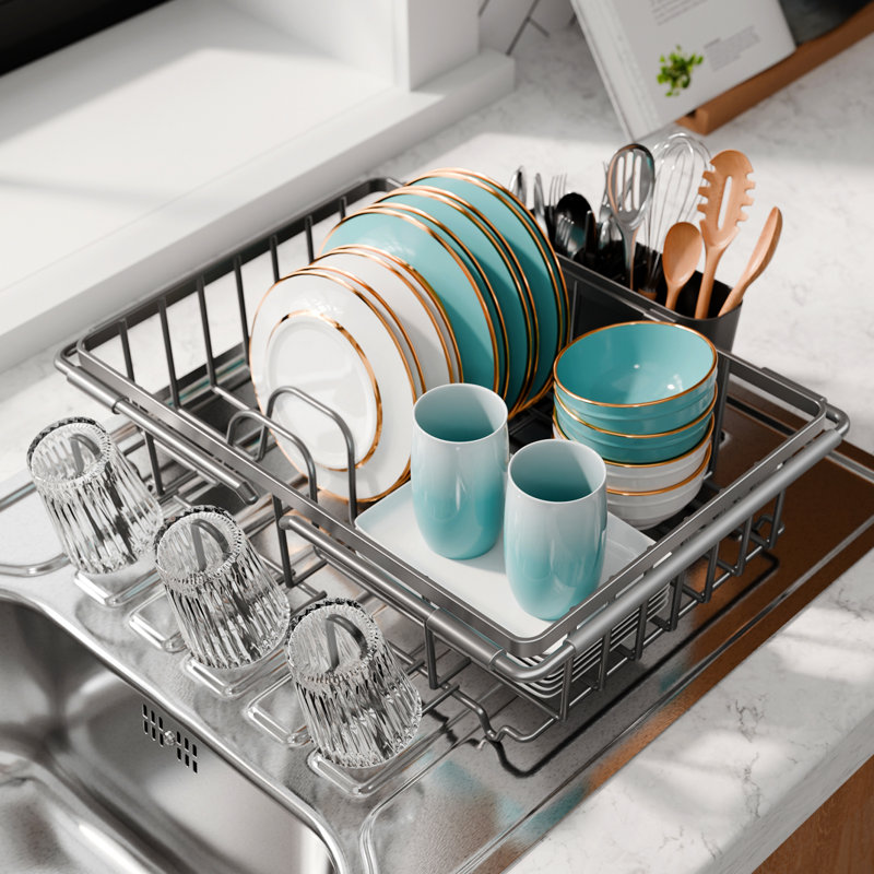 Dish Drying Rack in Sink - Expandable Stainless Steel Dish Rack Over The Sink, Kitchen Sink Drain Strainer with Cutlery Holder & Cup Holders, 15.4 x 9.8 x 3.0 Inch, Silver