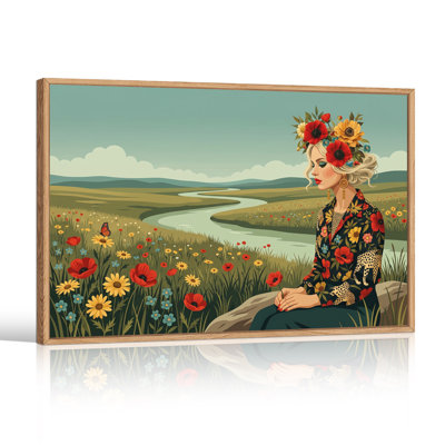 Woman with Flower Crown Sitting in Wildflower Field Canvas Wall Art