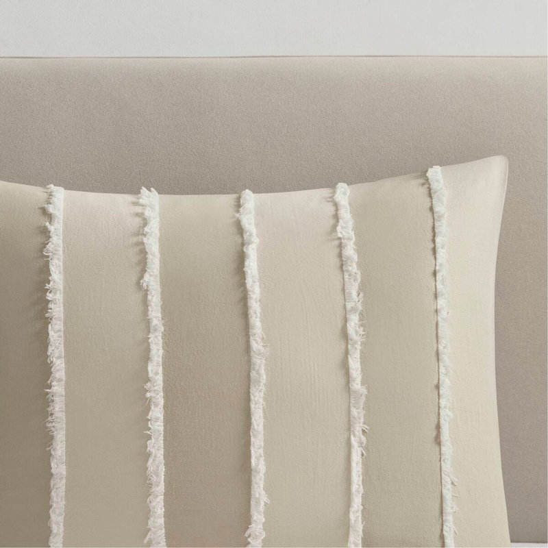 Ensemble d'édredon en coton 3 pièces taupe, Édredon double + 2 taies décoratives, Rayure taupe