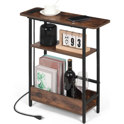 Narrow edge table with USB-C charging station, three-layer thin edge table with magazine rack