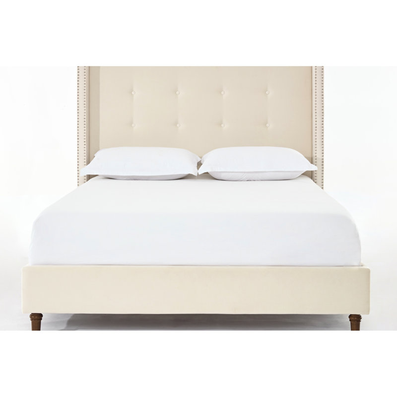 Cadre de lit très grand traditionnel avec tête de lit haute de 54 po, capitonnage à boutons à la main, oreilles à oreilles, base en métal, sans sommier, assemblage facile pour la chambre à coucher avec cadre de taille Grace, garniture en velours, bois massif