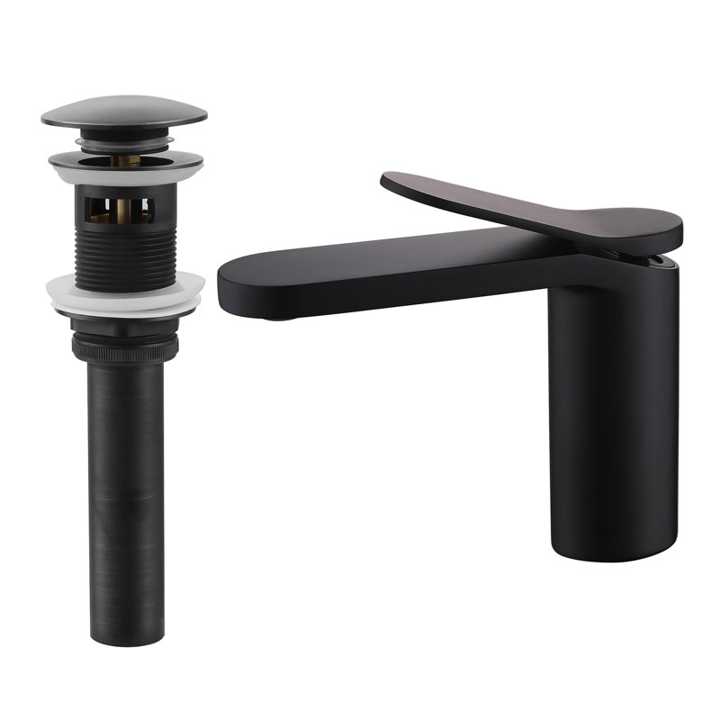 5.7" Solid Brass Single Handle Single Hole Bathroom Sink Faucet With Drain Assembly, Matte Black, Drain Assembly Included