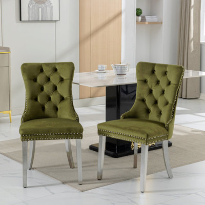Chaise de salle à manger moderne et haut de gamme rembourrée en velours de bois massif avec pieds en acier inoxydable chromé, garniture cloutée, ensemble de 2