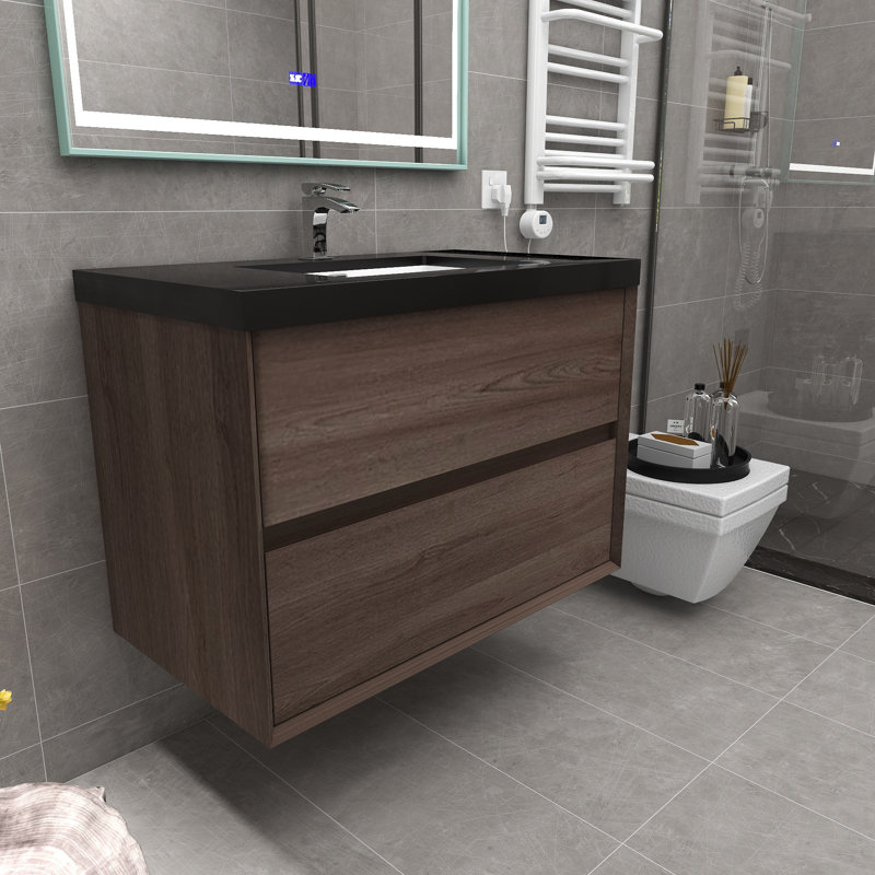 36" Wall-Mounted Single Bathroom Vanity Set, Red Oak