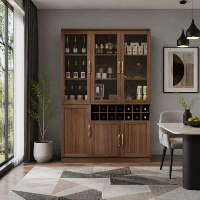 70.87″ Tall Wine Bar Cabinet with 3 Glass Doors, Walnut Modern Liquor Cabinet with Removable 14-Bottle Wine Rack, Built-in Door Shelves, Adjustable Shelves, High-Capacity Home Bar Cabinet for Dining Room Living Room