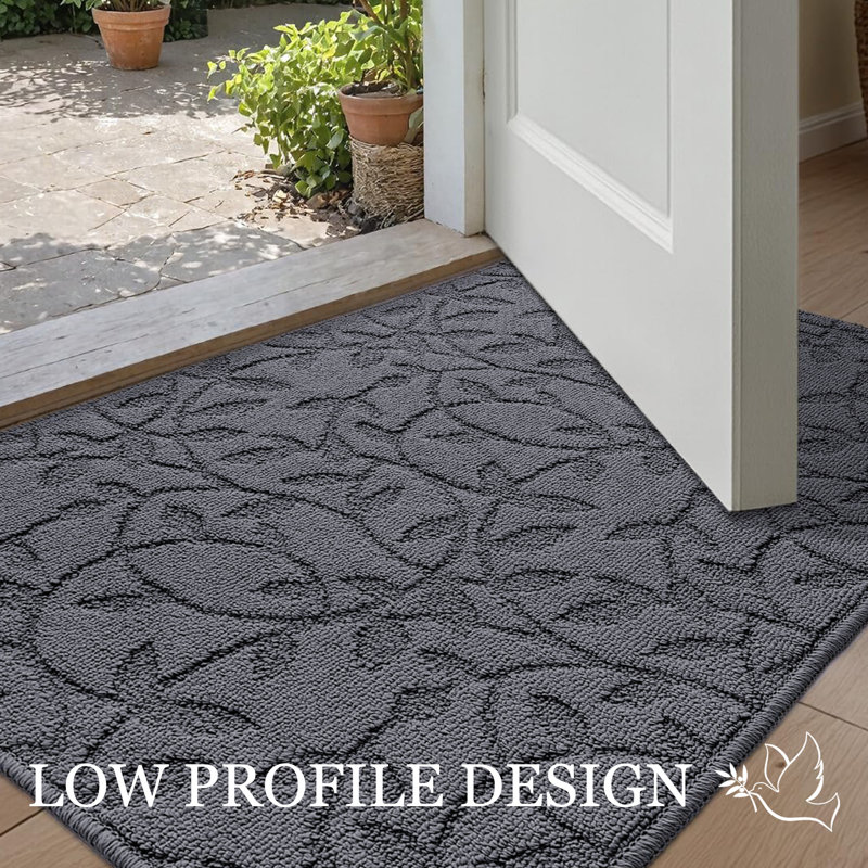 Floral Indoor Outdoor Doormat,Machine Washable Low Profile Non-Slip Rug for Front Back Door,Entry, Gray, 35" W x 59" L