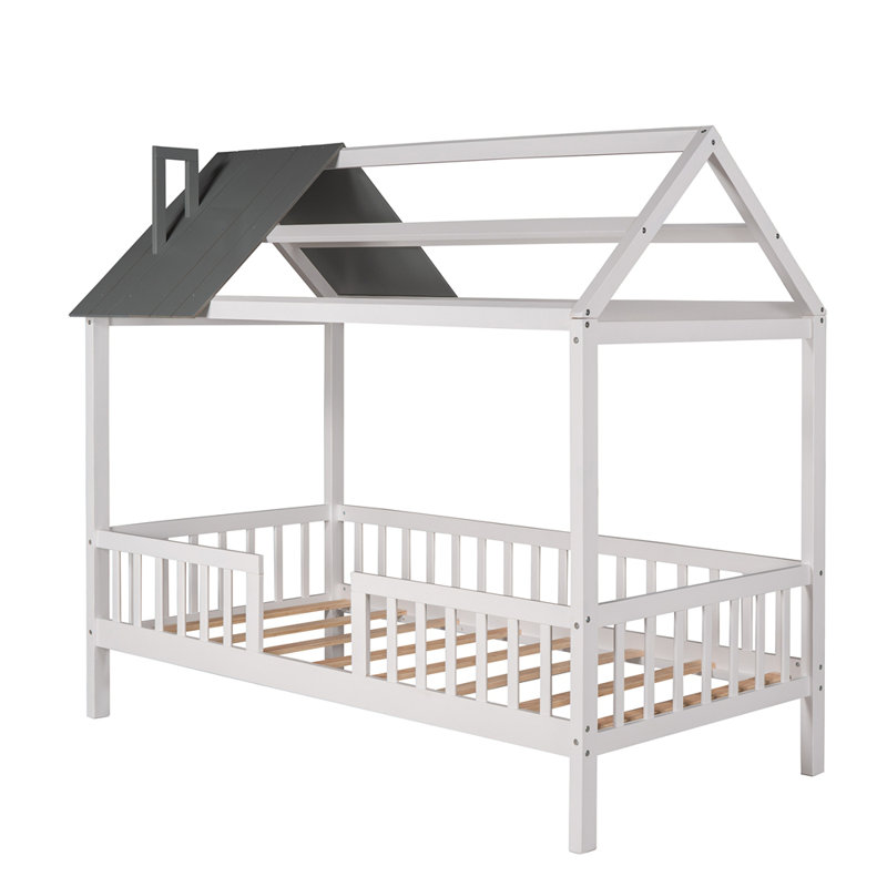 Lit simple en bois avec clôture, Blanc / Gris