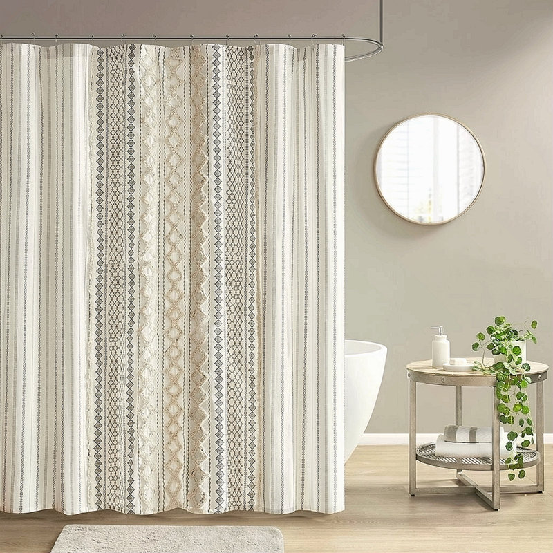 Cotton Printed Shower Curtain With Chenille, Ivory