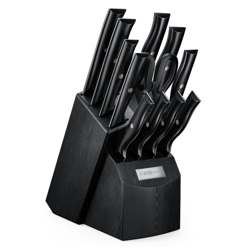 Bloc à couteaux 13 pièces Yatoshi - Revêtement en nititrure de titane noir onyx - Acier inoxydable à haute teneur en carbone et ultra tranchant - Poignée ergonomique noire