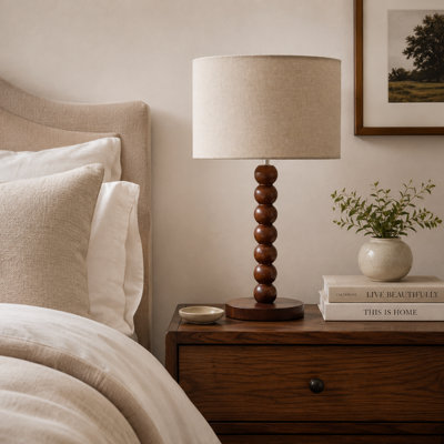 17.5" Walnut Solid Wood Tapered Table Lamp With Linen Drum Shade, Modern Bedside Accent Lamp With E26 Base For Bedroom, Living Room