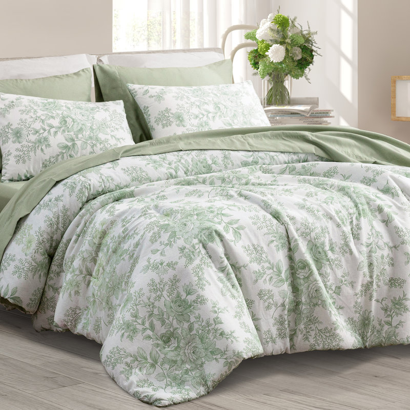 Wonderful Floral Lightweight Comforter Bedding Set 7 Pieces, King Comforter + 6 Additional Pieces, Sage