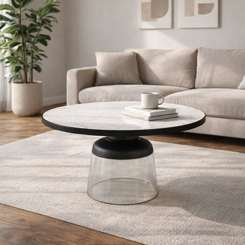 Table basse ronde avec plateau en marbre blanc et base en verre, table de salon avec bordure noire et design moderne, 34 po