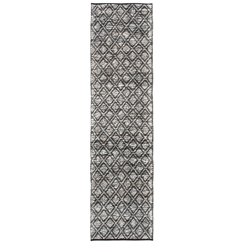 Natura Hand Woven Wool/Cotton Geometric Rug in Black/Ivory, Runner 2'3" x 9'