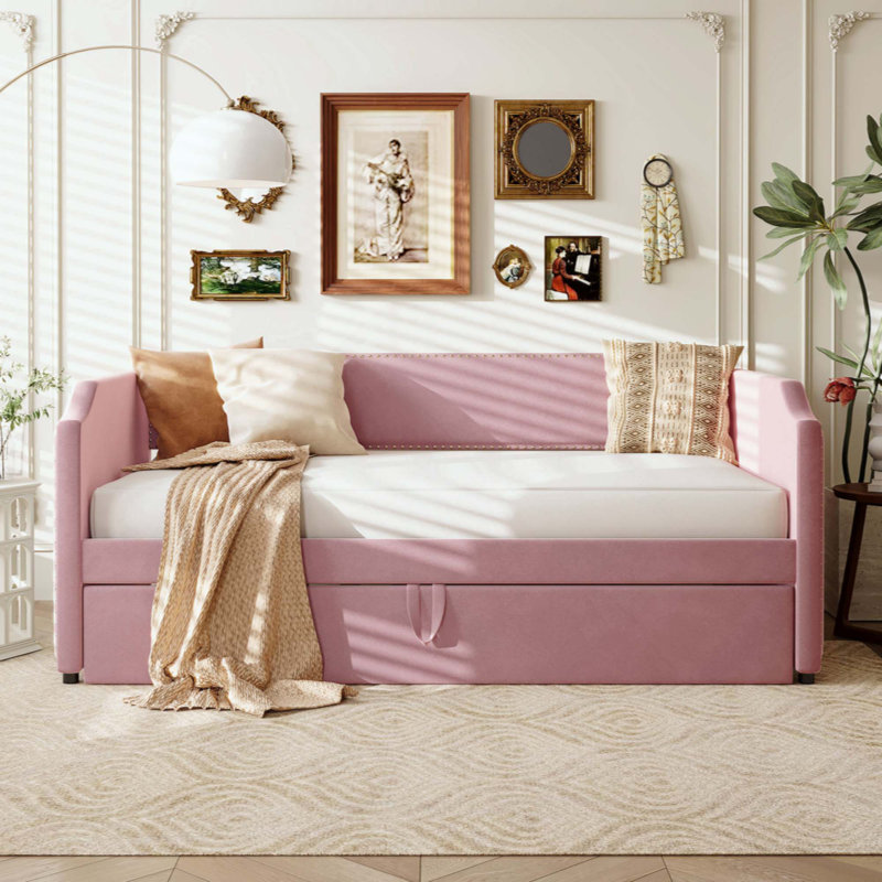 Lit de jour en velours avec lit gigogne, Rose