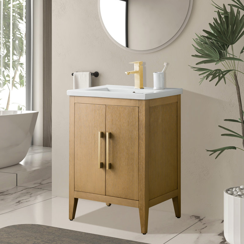 Meuble-lavabo simple 24 po avec plateau en céramique Chambery, Chêne naturel, Doré brossé, H 34,25 po x l 24,4 po x P 18,5 po