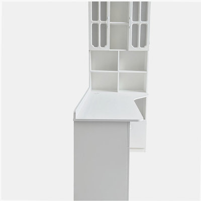 Bureau d'ordinateur d'angle en L pour bureau à domicile ou bureau d'étude, table d'étude de style moderne avec tiroirs, bibliothèque et huche, conception en L 2 en 1, grand espace de travail, blanc