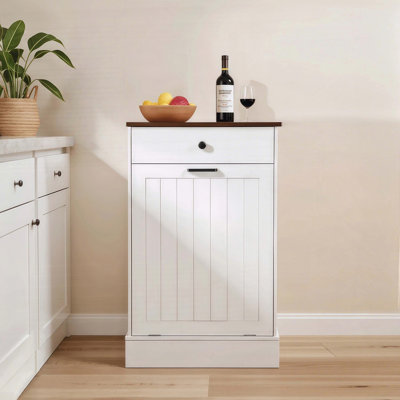 Tilt Out Trash Can Cabinet, Hidden Wooden Trash Can Cabinet With Drawer, Free Standing Garbage Cabinet For Kitchen, 10 Gallon Farmhouse Laundry Hamper Cabinet For Kitchen, Living Room (White)
