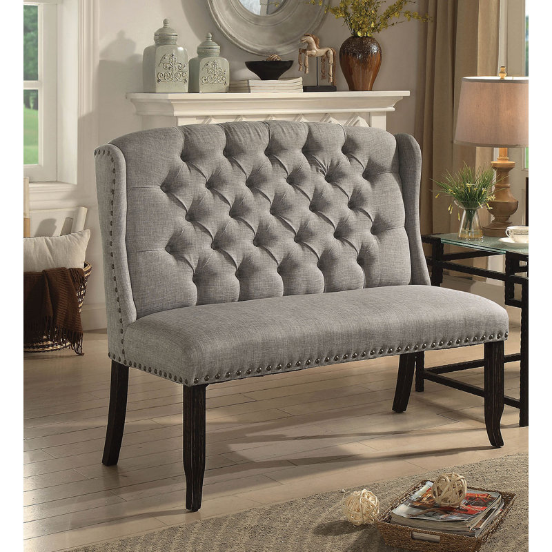 Aileen Polyester Blend Upholstered Bench, Light Gray Linen Blend, Linen Blend