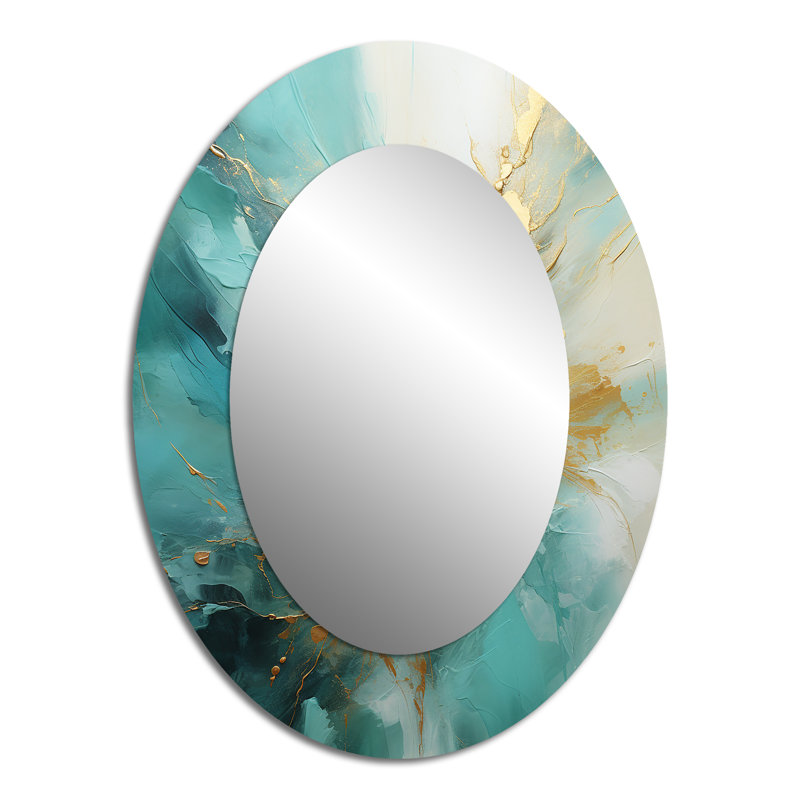 Doré et bleu sarcelle Aurora Harmony II - grand miroir mural ovale sur métal, 40 po x 30 po