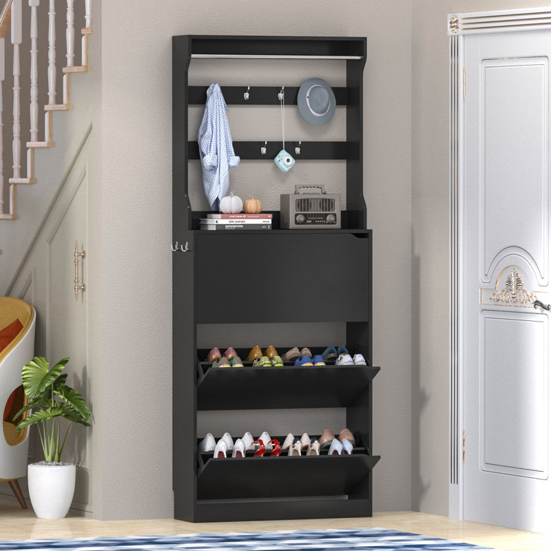 24 Pair Shoe Storage Cabinet 78.7''H 3 Flip Drawers , Adjustable Shelves & 9 Hooks - Space-Saving Entryway Organizer, Black
