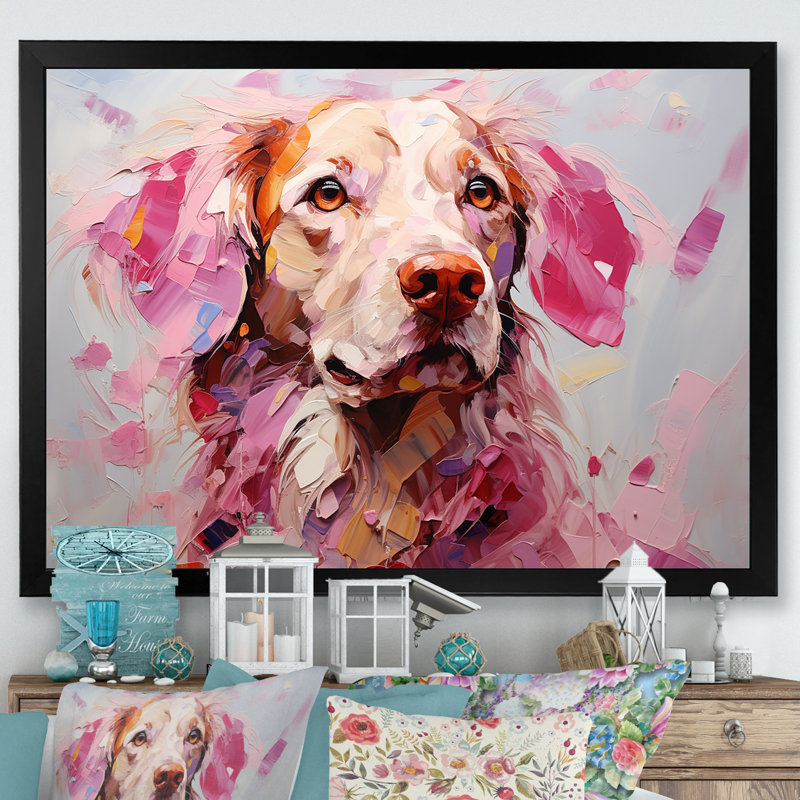 Rose Labrador Popart - art mural chien, H 12 po x l 20 po x P 1 po, Cadre simple noir