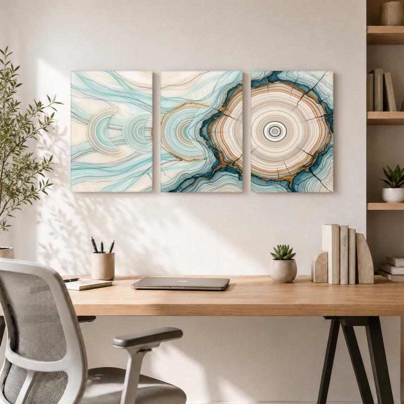 Ensemble de 3 toiles bleu sarcelle et crème, H 24 po x l 16 po x 3 pièces