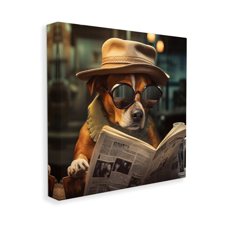 Chien lisant un journal sur toile par RB, 17" H x 17" W