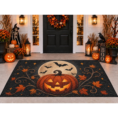 Tapis d'extérieur Halloween 152 x 213 cm, motif citrouille, lune et chauves-souris, imperméable, en PVC bouclé, résistant et à séchage rapide, idéal pour porche, terrasse, balcon ou entrée.