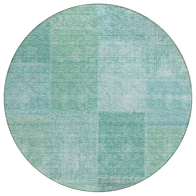 8' Teal Blue Sage And Green Round Patchwork Washable Indoor Outdoor Area Rug