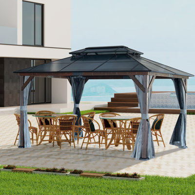 Pavillon de jardin en bois rigide pour patio, pavillon de jardin avec cadre double en polycarbonate, pavillon de jardin en bois massif avec rideaux d'intimité et moustiquaires pour le jardin, la cour