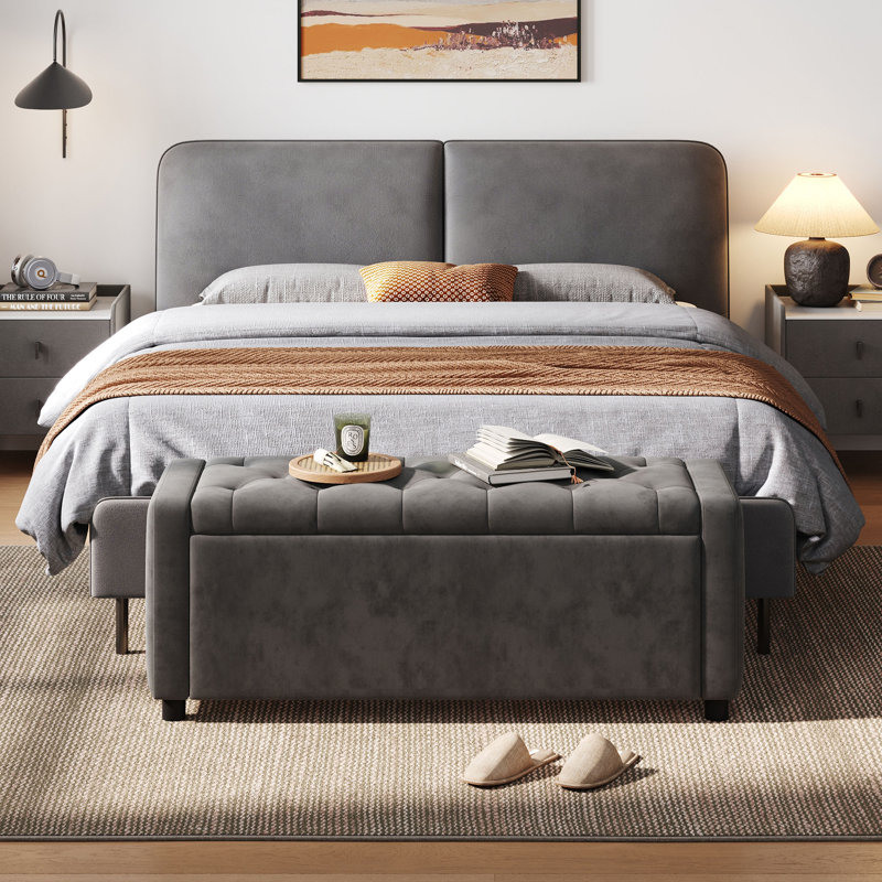 Banc de rangement rembourré capitonné Velet, Gris