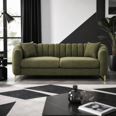 83" Oversized Chenille Sofa,Luxury 3 Seater Deep Couch,Modern Tufted Couch, Gold Metal Legs Sofa for Living Room, Bedroom, Apartment (Green)