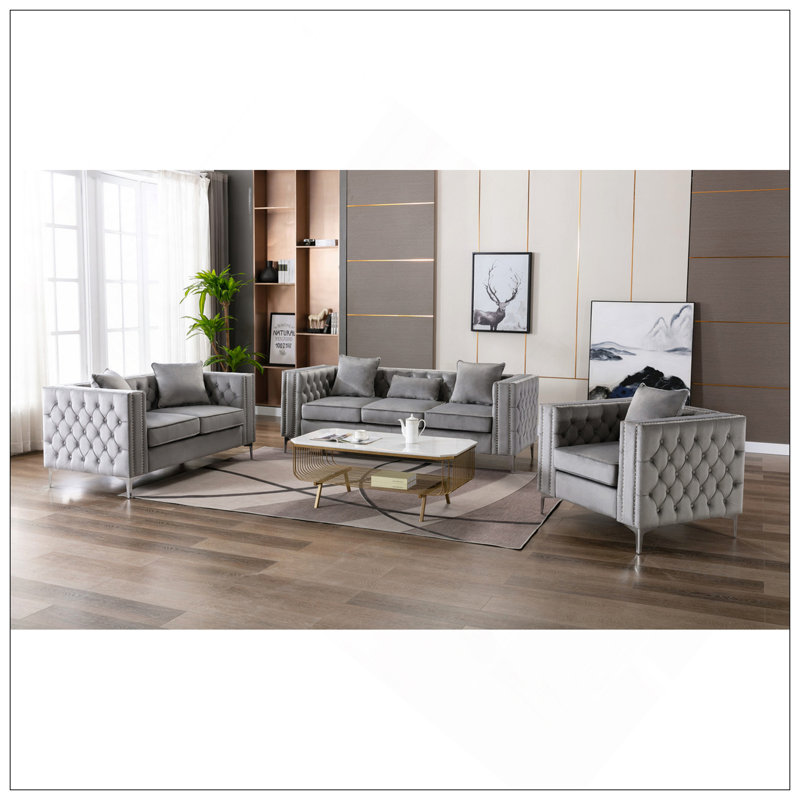 Ensemble de canapé-lit en velours gris Lorreto, Gris, H 30 po x l 86 po x P 34 po