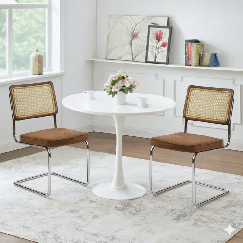 Ensemble de salle à manger rond 3 pièces à économie d'espace 24 po, table avec chaises en rotin, Blanc, Café