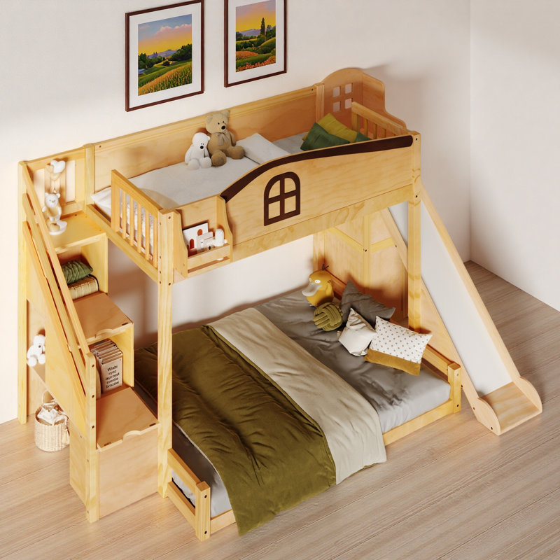Lit superposé avec escalier de rangement, tablette, glissade et garde-robe, Naturel